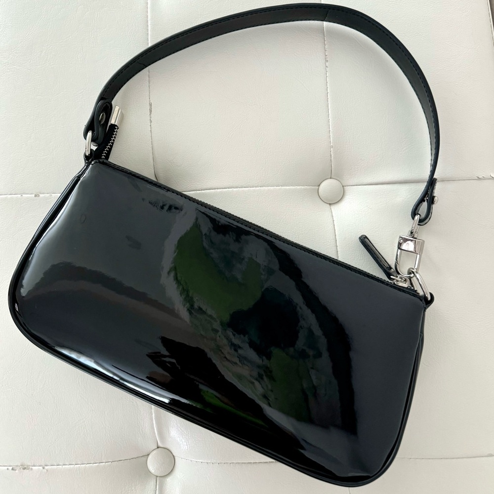 Trendy black patent baguette bag